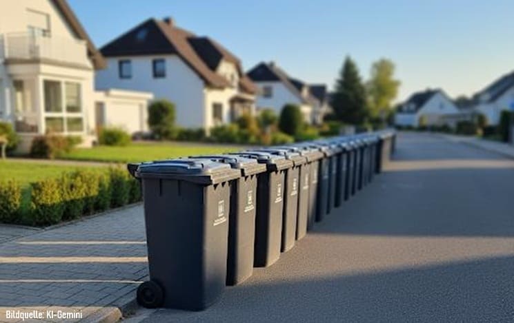 Mehrere schwarze Mülltonnen Mehrere schwarze Mülltonnen parallel zur Straße.